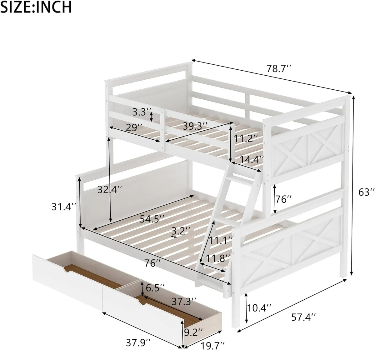 White Wooden Bunk Bed with 2 Storage Drawers and Ladder D4502