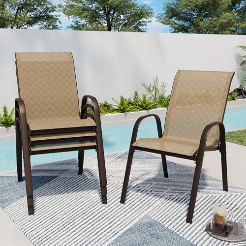 Beige Set of 4 Stackable Patio Dining Chairs with Metal Frame G8661
