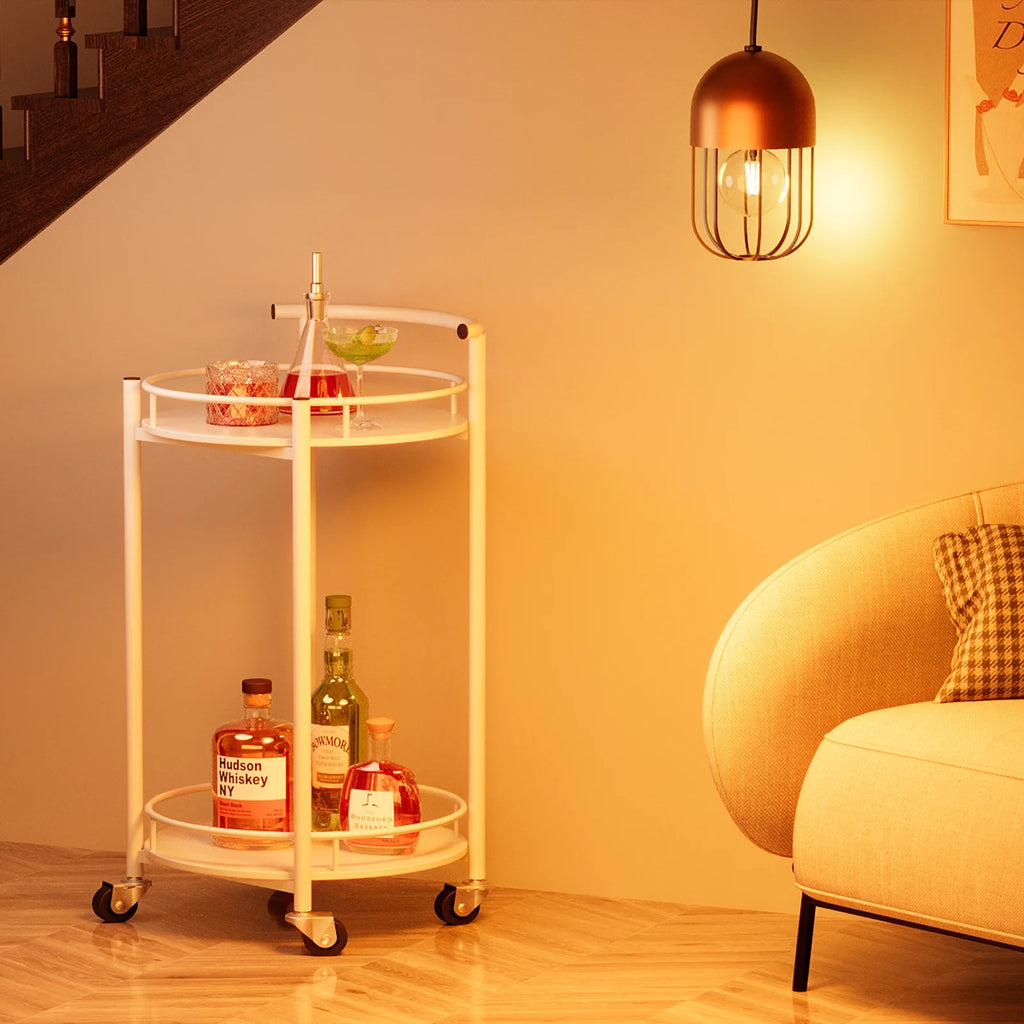 White 2 Tiers Rolling Metal Bar Cart with Handle E443
