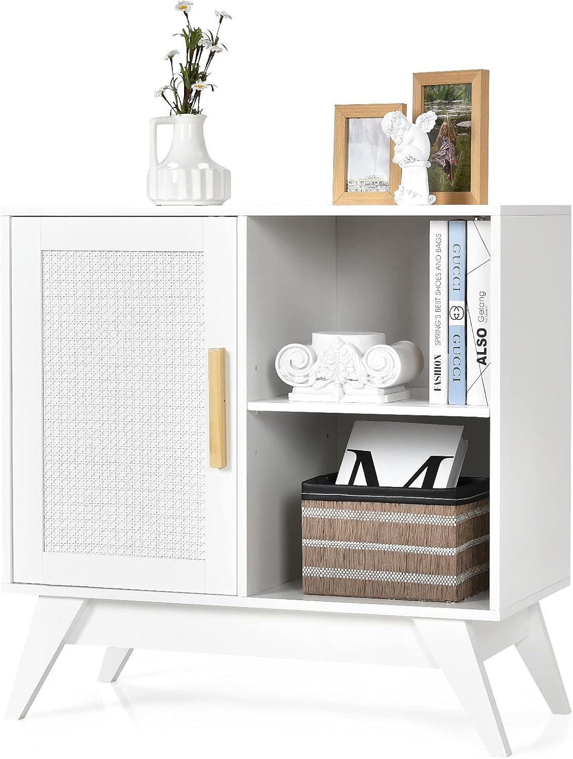 White Free Standing Storage Cabinet with Rattan Door D622