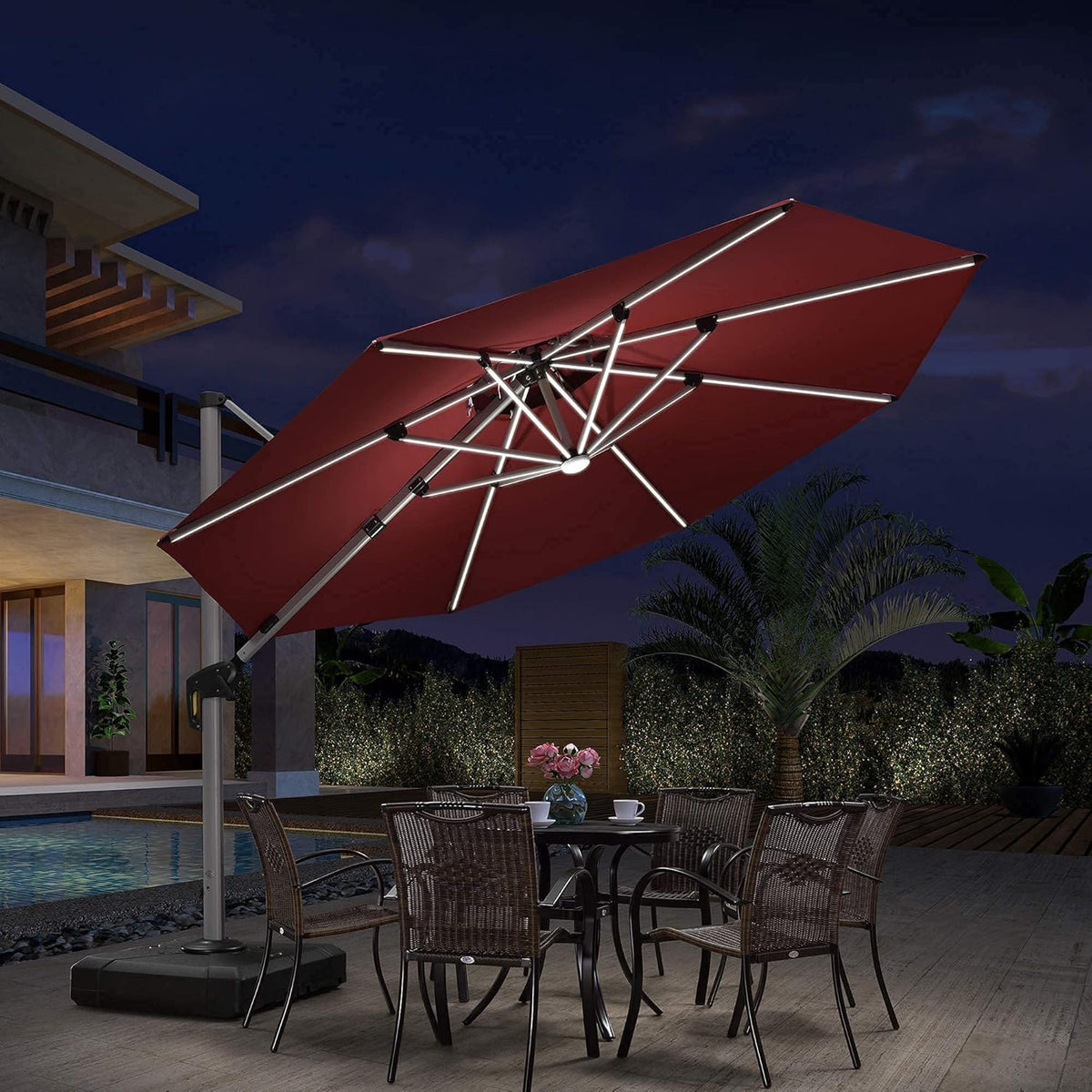 11ft Solar Powered LED Patio Umbrella Navy Blue F402