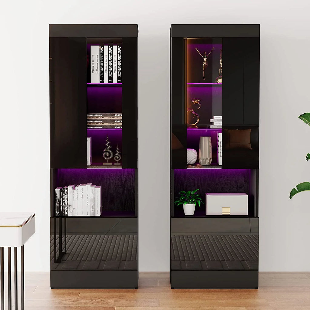 Black 2 Piece Wood Bookcase Storage Cabinet with Glass Shelves M326