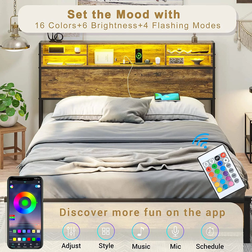 Queen RGB Led Light Metal Platform Bed with Storage Headboard X407077