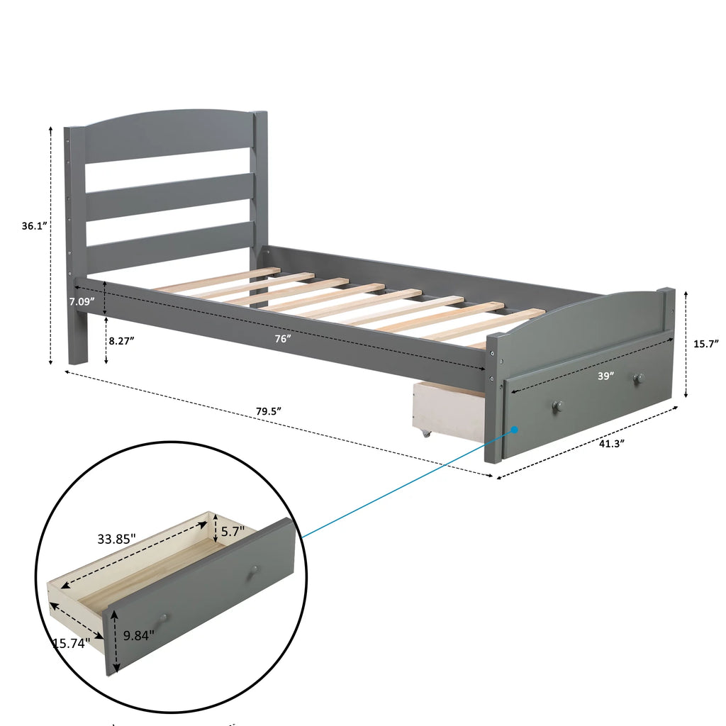 White Pine Wood Twin Bed with Storage Drawer P23549
