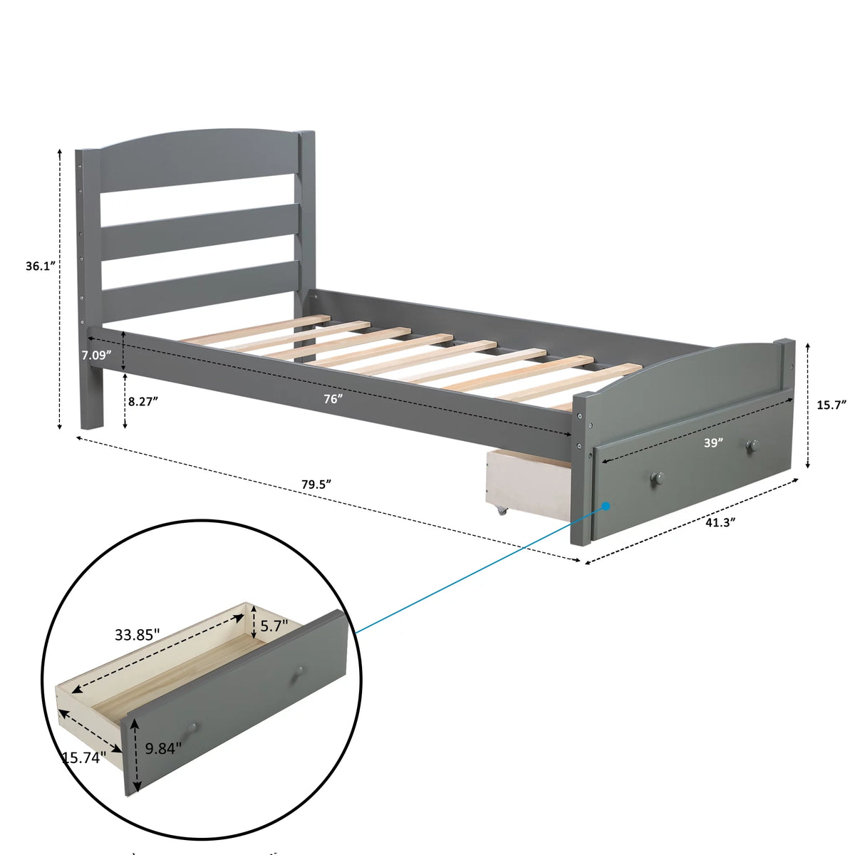 White Pine Wood Twin Bed with Storage Drawer P23549