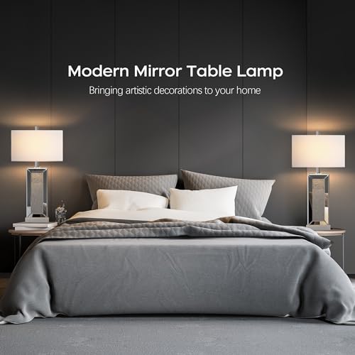 Table Lamp Set of 2 Touch Control Silver Mirror Crystal with USB C+A Ports 3-Way Dimmable White Fabric Shade B3161