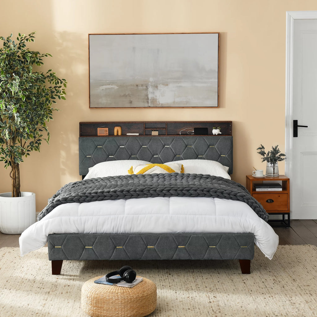 Queen Size Upholstered Platform Bed with Shelf X474