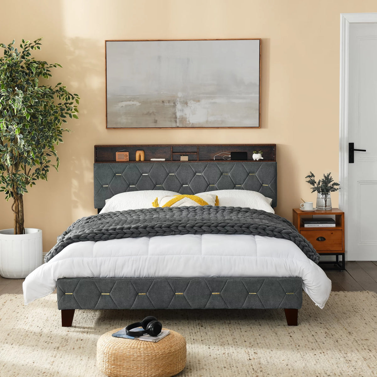 Queen Size Upholstered Platform Bed with Shelf X474