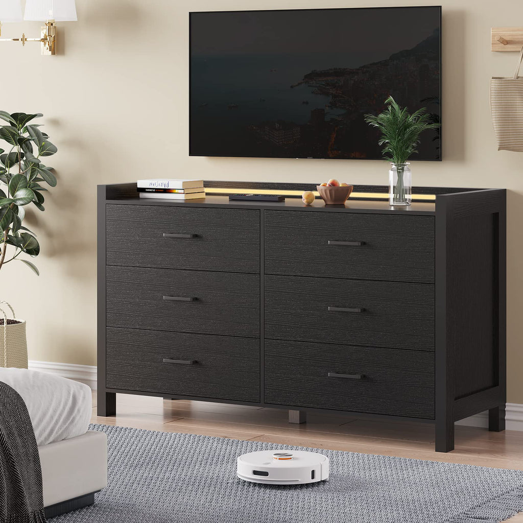 Black 6 Drawer Double Dresser with LED Lights F8439
