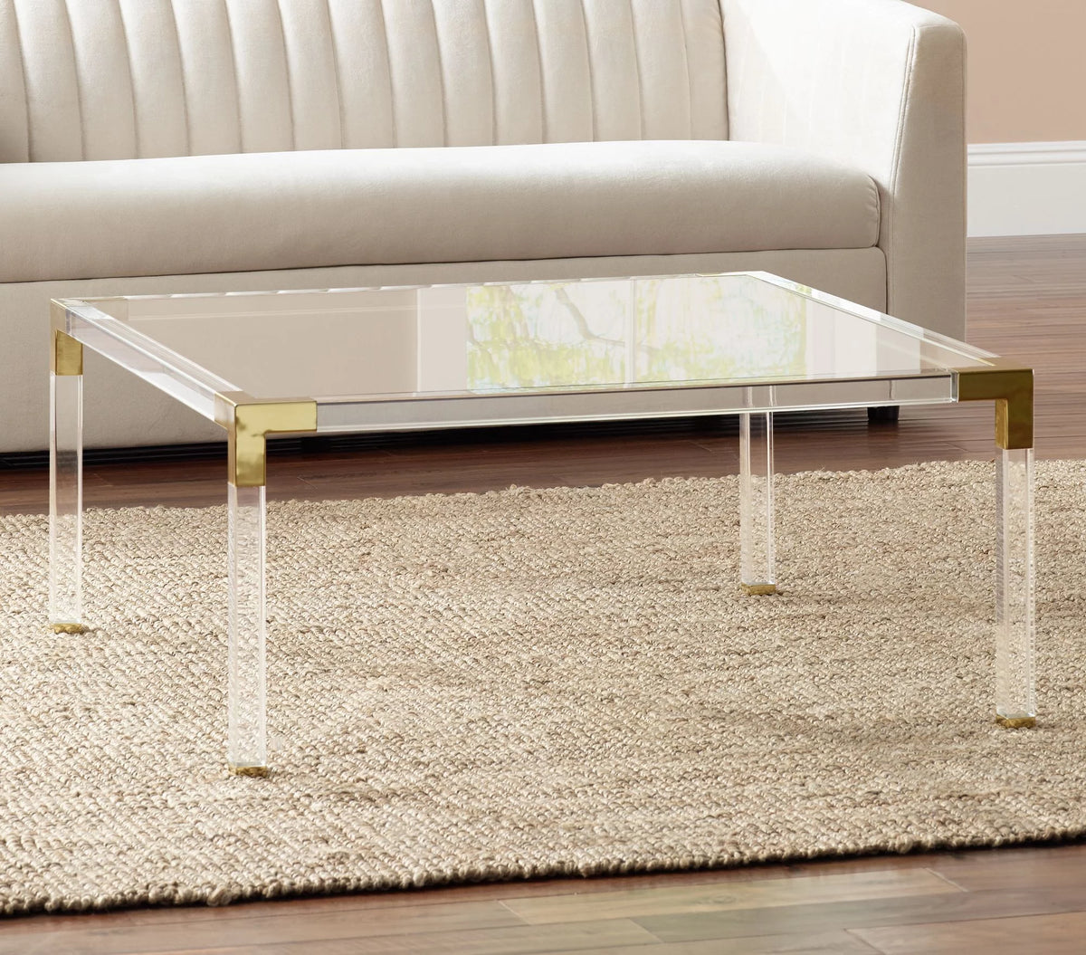 Modern Cast Acrylic Square Coffee Table 40" Wide Clear Gold Tempered Glass Tabletop M48606