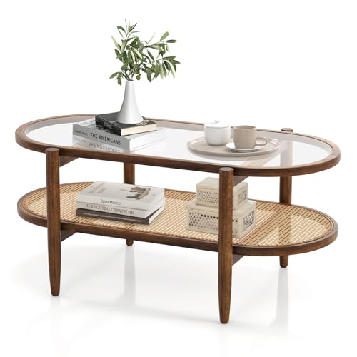 40”L Oval Acacia Wood Rattan Coffee Table with Tempered Glass Tabletop B86328