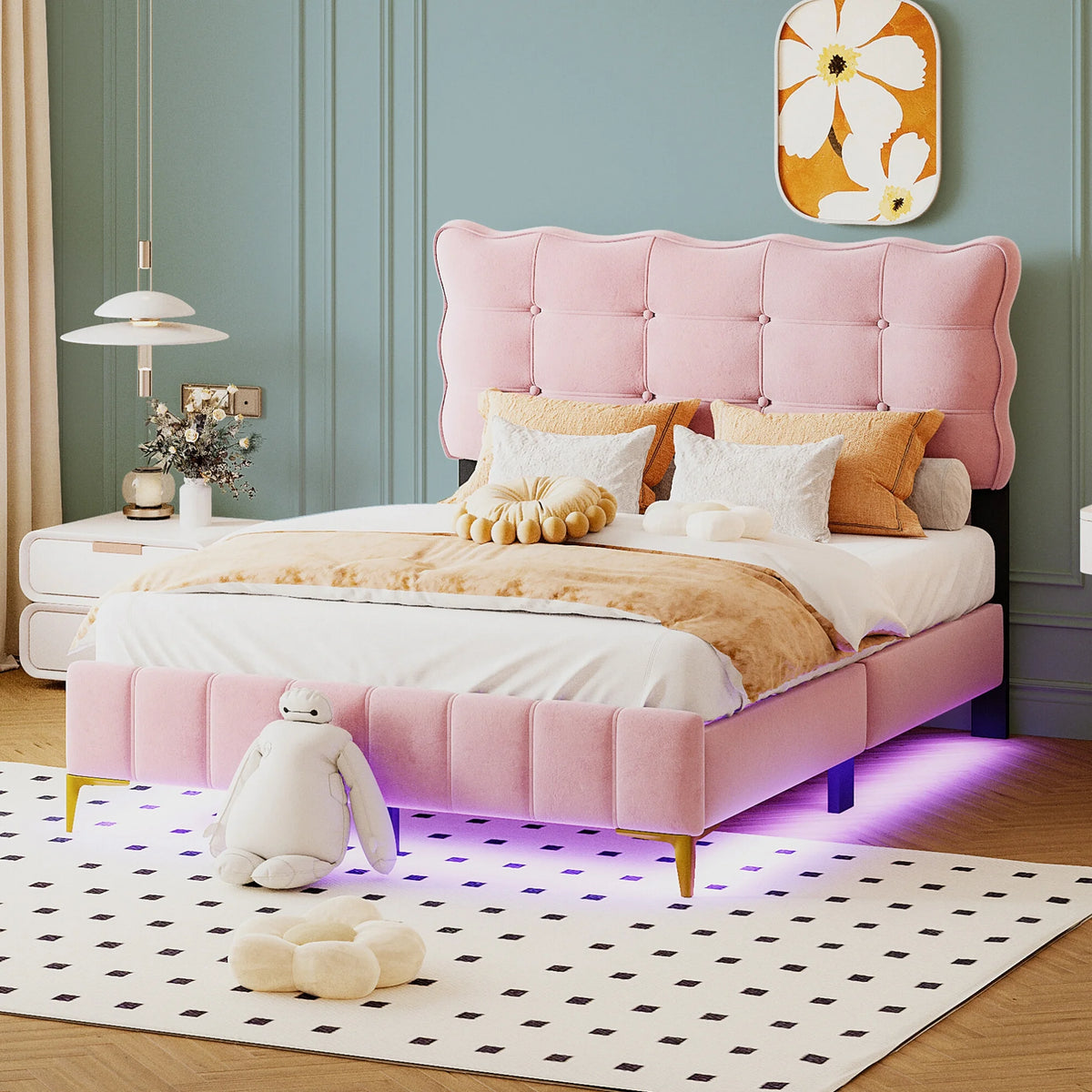 Queen Size Beige Velvet Upholstered Platform Bed with LED K6867