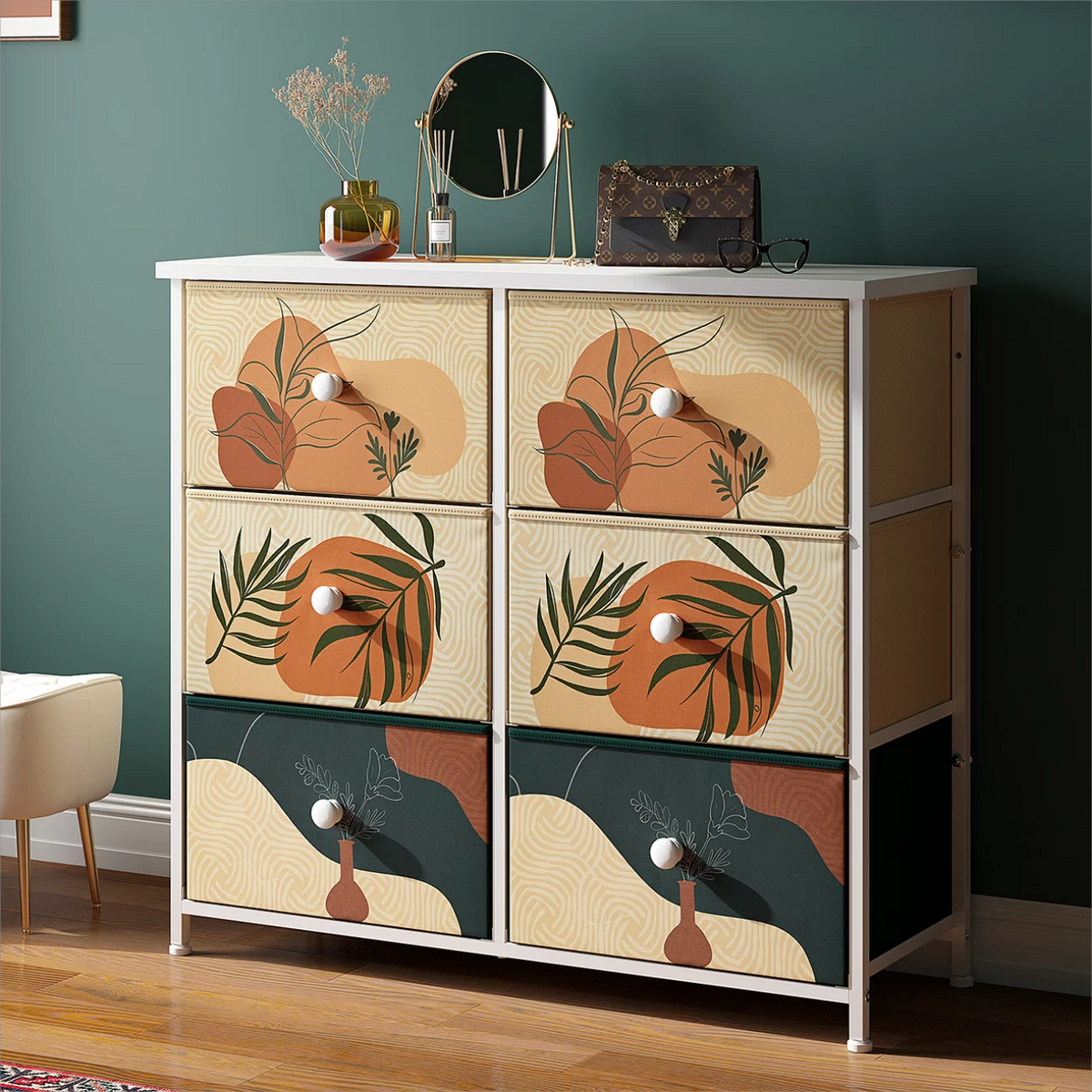 9 Drawer Dresser with Fabric Drawers and Wooden Top U869476