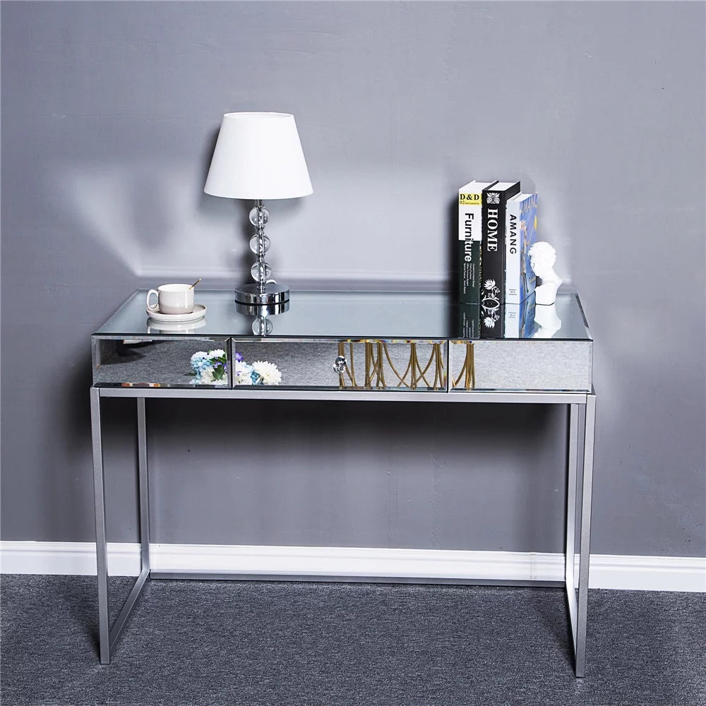 Mirror Table Dressing Table, Mirrored Glass Console Tables with Metal Frame, Silver P69830