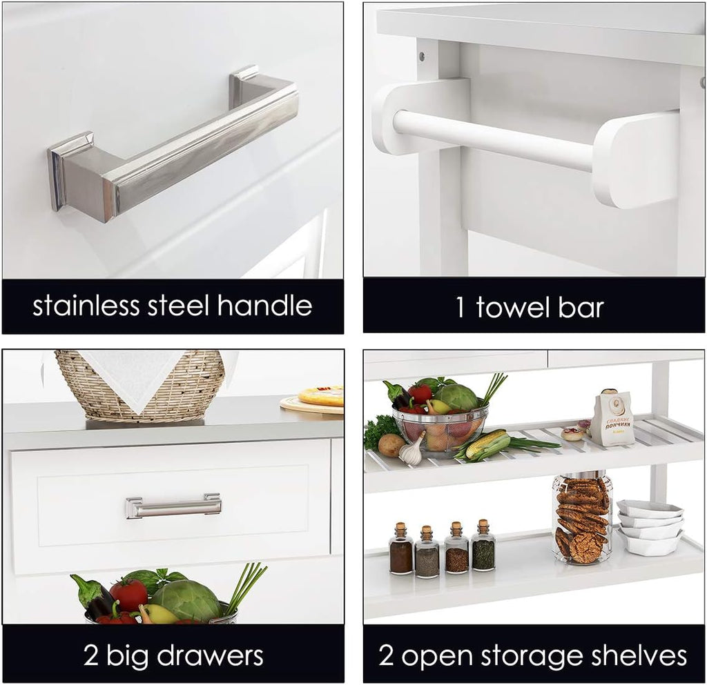White Kitchen Cart with Stainless Steel Top T6113
