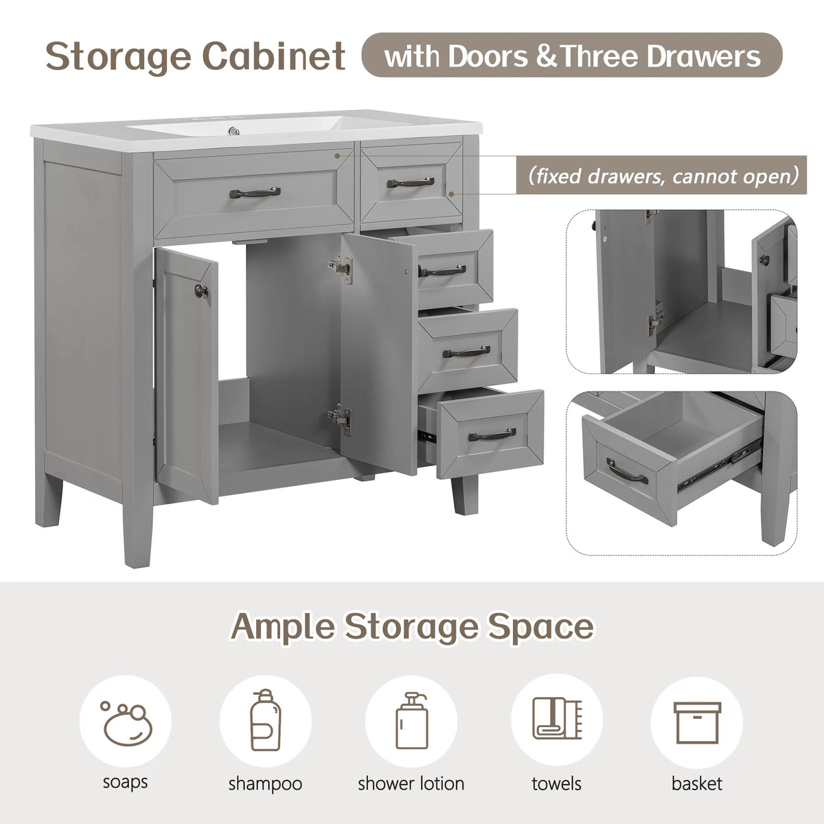 36" Grey Bathroom Vanity with Sink and Storage Cabinet A577678