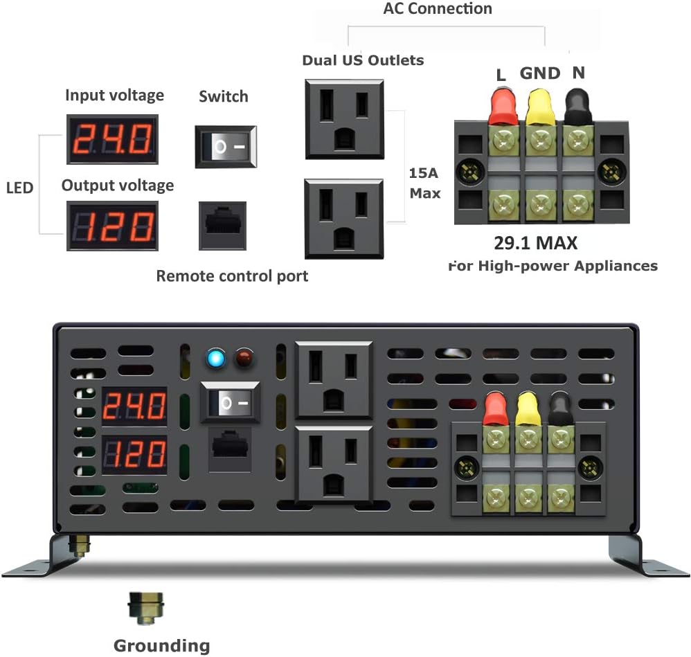 Pure Sine Wave 3500W 24V DC to 110V 120V AC Power Inverter with Dual US Outlets G9090