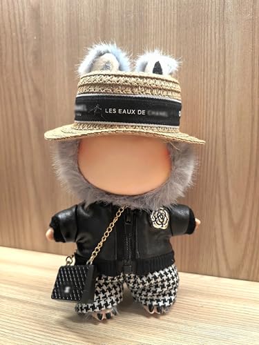 17cm Doll 4-Piece Straw Hat PU Leather Jacket Houndstooth Shorts Outfit J77912