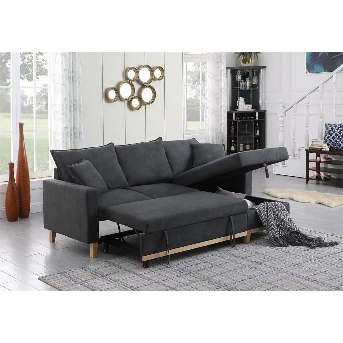 Dark Gray Fabric Reversible Sleeper Sectional with Storage Chaise V664
