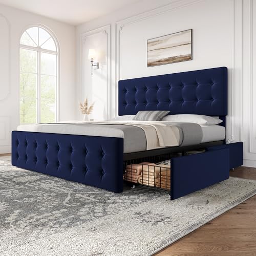 Black Queen Size Faux Leather Upholstered Platform Bed Frame with 4 Storage Drawers and Headboard S140
