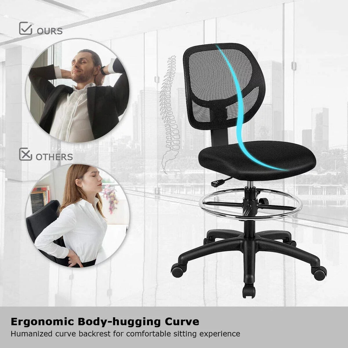 Black Mesh Drafting Chair with Footrest Ring K320867