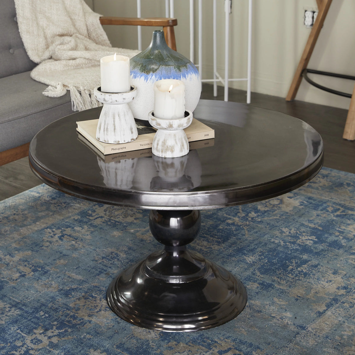 31" x 19" Black Aluminum Coffee Table with Pedestal Base Y266201