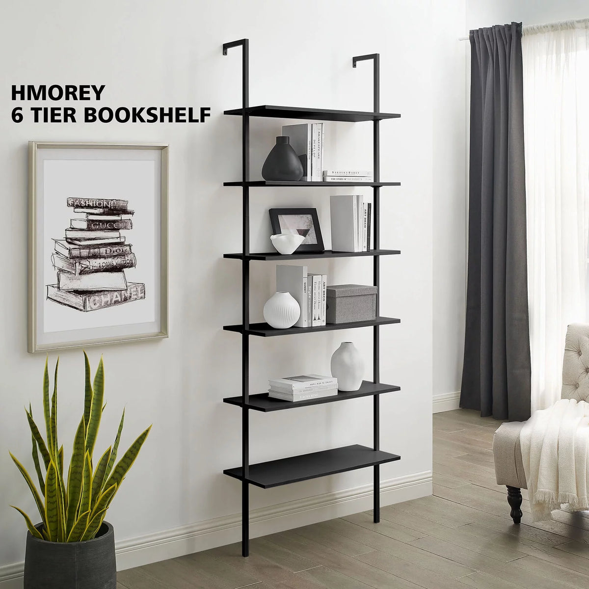White 6-shelf Wood Wall-Mounted Bookshelf R295
