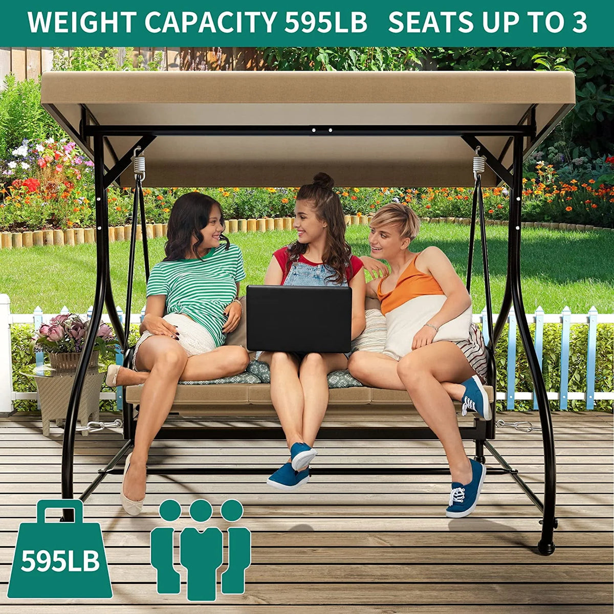 3 Person Outdoor Swing Chair with Adjustable Canopy E2530