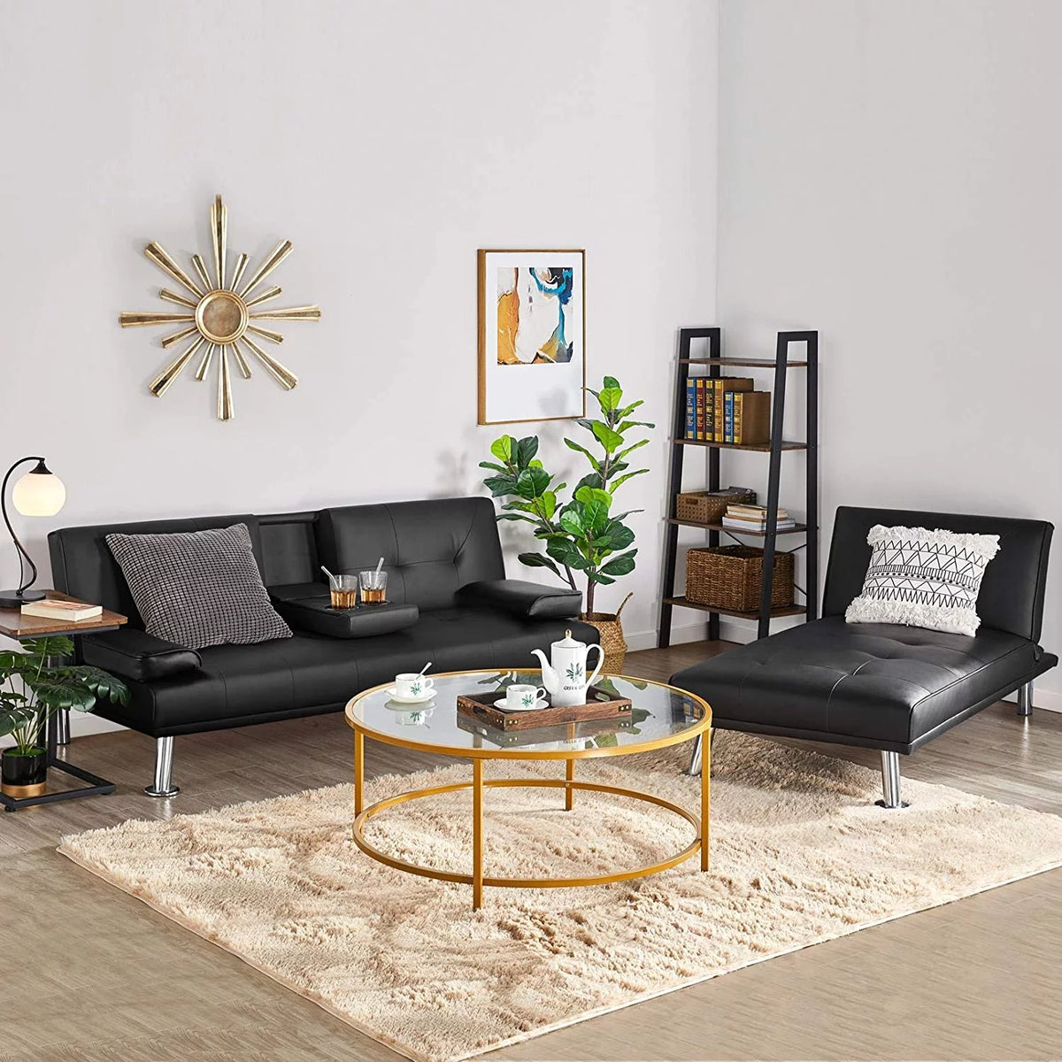 Black Faux Leather Sectional Sofa with Chaise Lounge N166303
