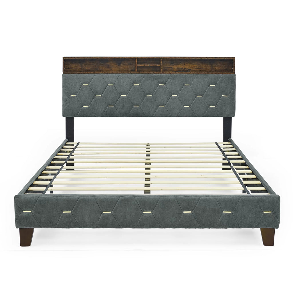 Queen Size Upholstered Platform Bed with Shelf X474
