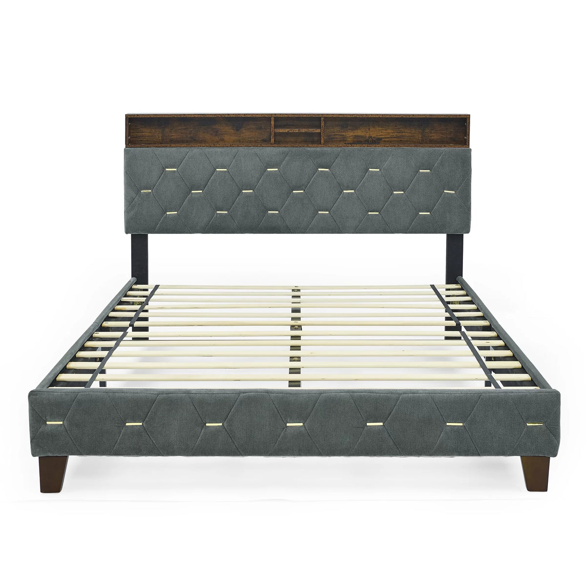 Queen Size Upholstered Platform Bed with Shelf X474