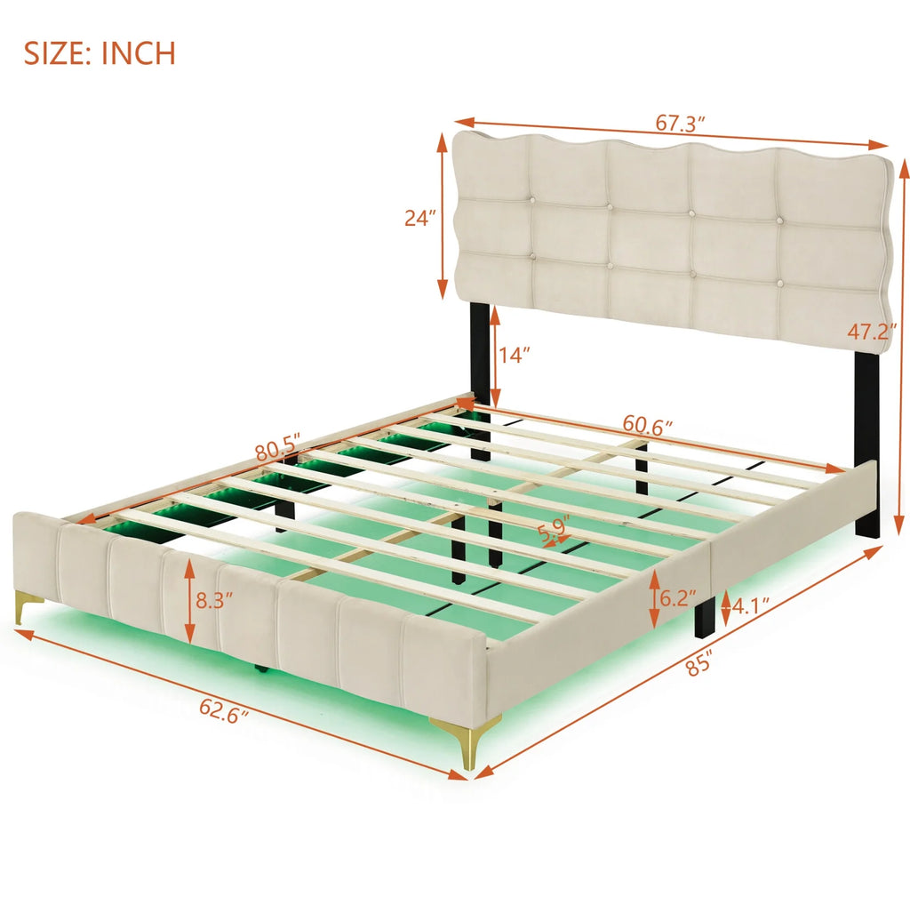Queen Size Beige Velvet Upholstered Platform Bed with LED K6867