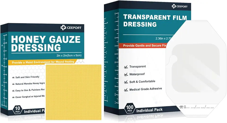 Manuka Honey Gauze Dressing 2" x 2" 10pcs + Transparent Film Dressing 2.36" x 2.75" 100Pcs I471
