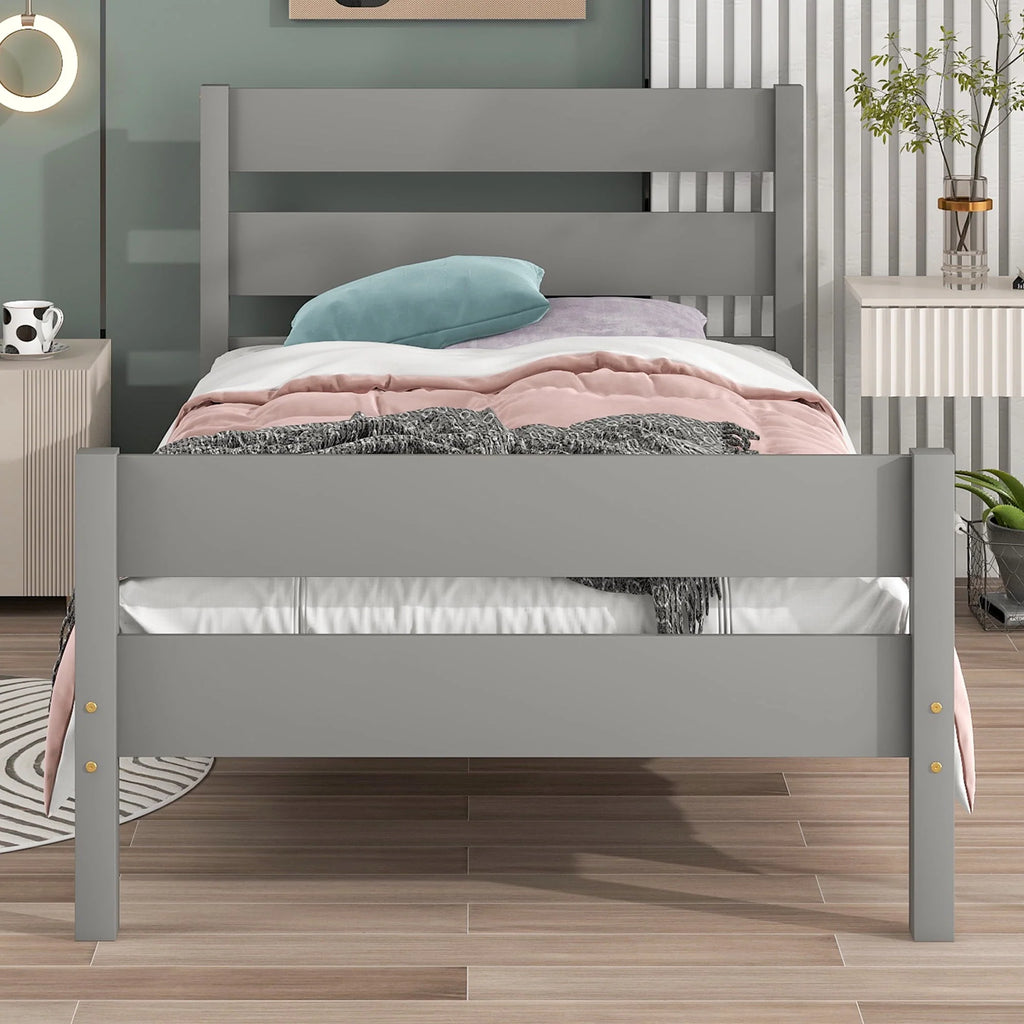 White Twin Size Wood Platform Bed with Headboard and Footboard P3648