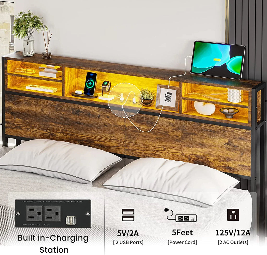 Queen RGB Led Light Metal Platform Bed with Storage Headboard X407077