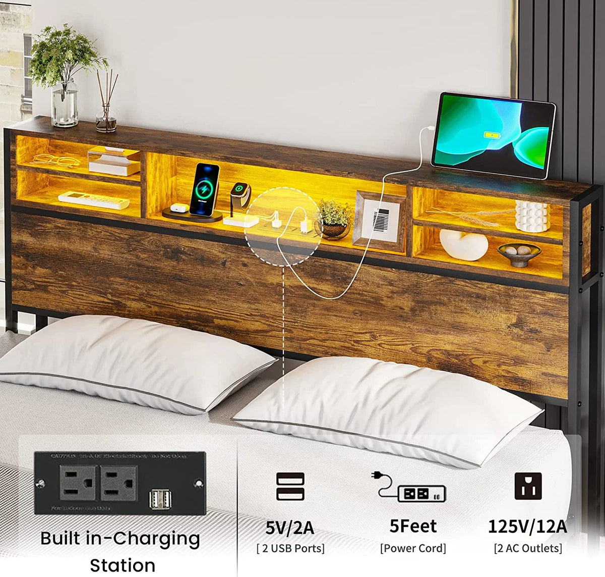 Queen RGB Led Light Metal Platform Bed with Storage Headboard X407077
