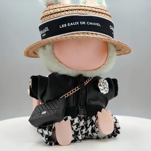17cm Doll 4-Piece Straw Hat PU Leather Jacket Houndstooth Shorts Outfit J77912