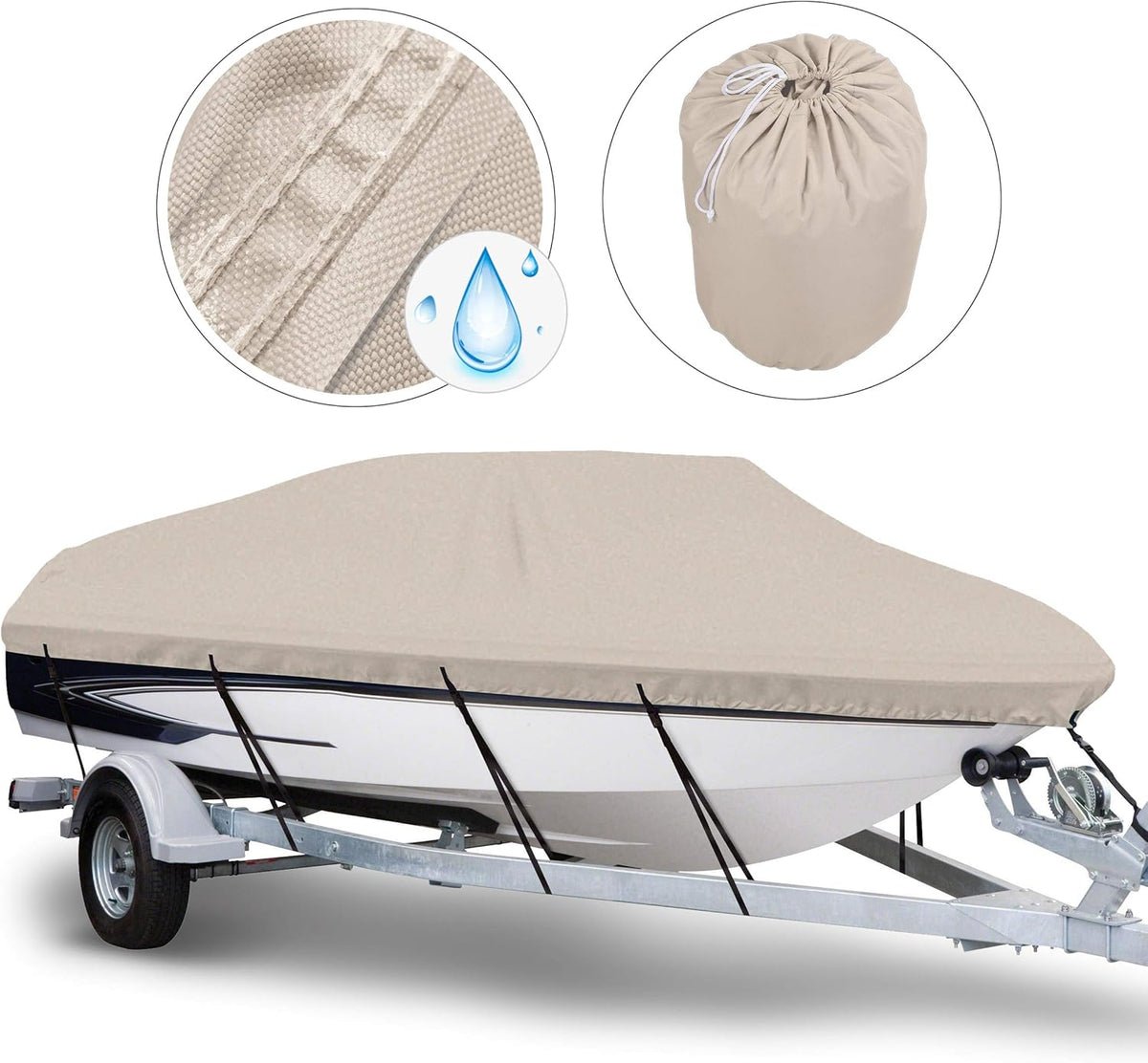 Waterproof Trailerable Boat Cover, Fits 17-19 ft V-Hull Tri-Hull Runabouts N878