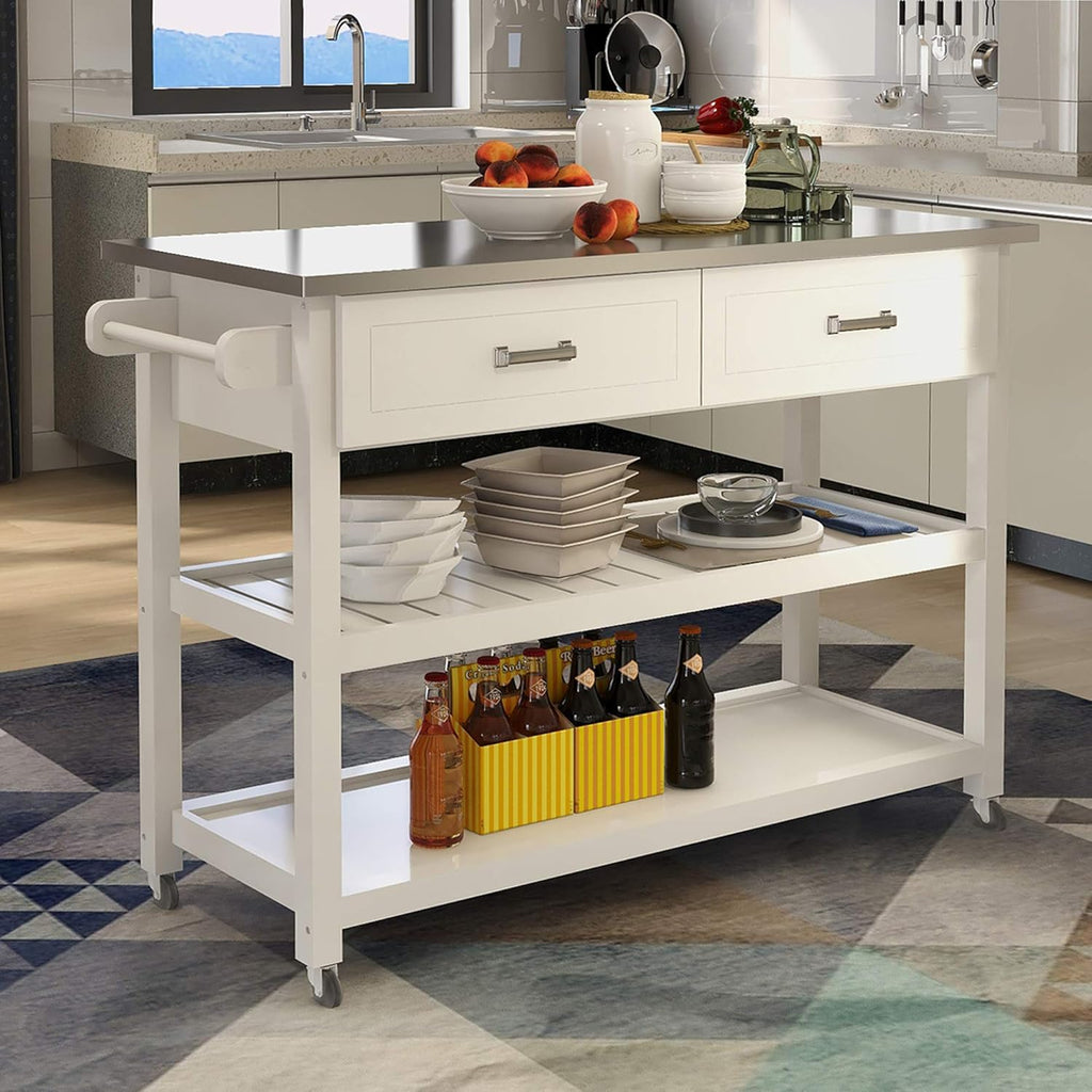 White Kitchen Cart with Stainless Steel Top T6113
