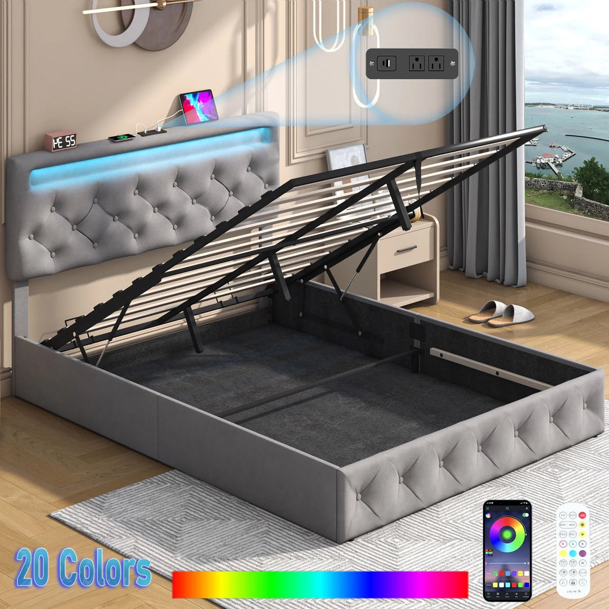 Queen Lift Up Velvet Storage Bed with LED Light & Power Outlets P986