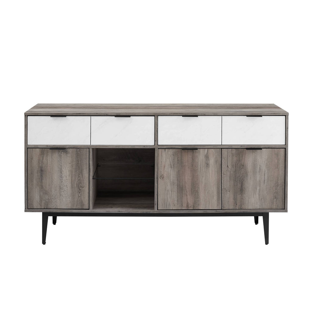 60x22 Asymmetrical 2 Drawer Sideboard Faux White Marble Gray Wash Z662