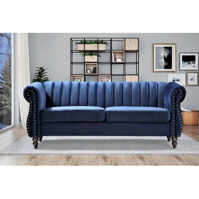 Dark Blue Velvet Rolled Arm Chesterfield Sofa A4316