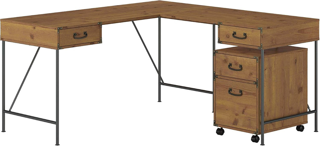 Vintage Golden Pine Writing Desk with 2 Drawer File Cabinet J6755