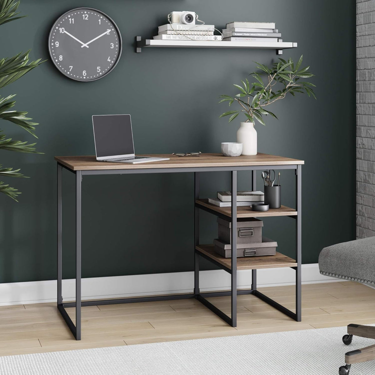 Industrial Small Home Office Desk with 2 Open Storage Shelves L479