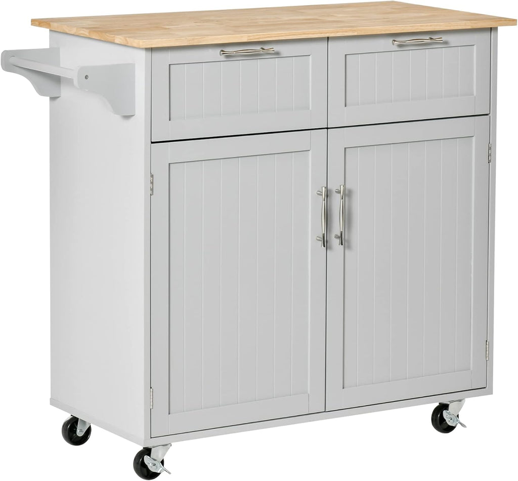 Black Rolling Kitchen Island with Rubberwood Top and Drawers W22798