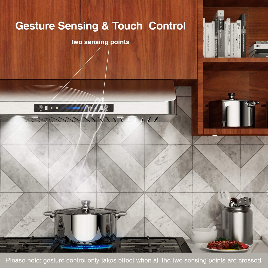 30 Inch Under Cabinet Range Hood with 900-CFM, 4 Speed Gesture Sensing&Touch Control Panel, Stainless Steel Kitchen Vent with 2 Pcs Baffle Filters Y35226