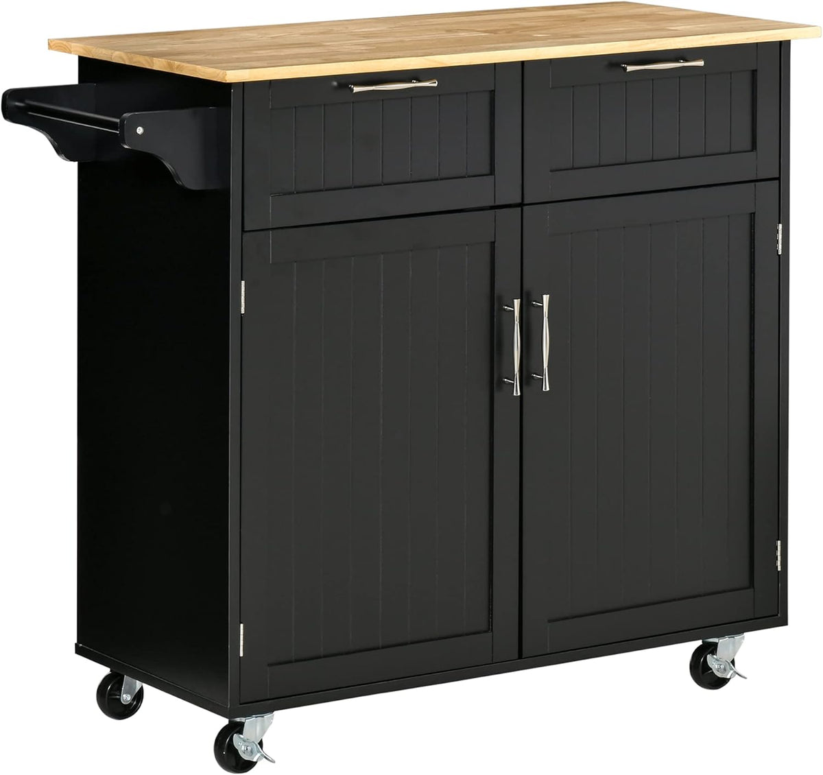 Black Rolling Kitchen Island with Rubberwood Top and Drawers W22798
