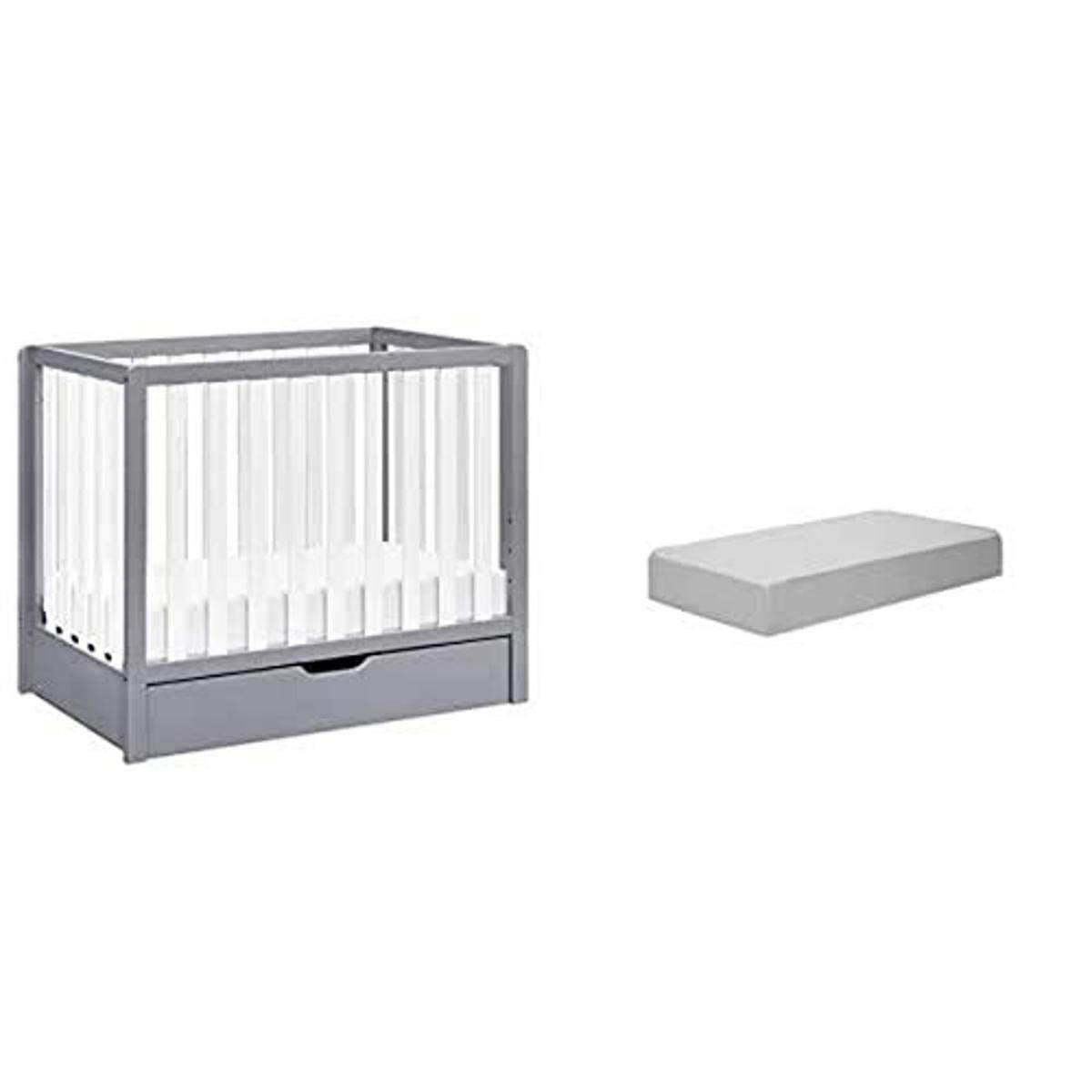 Grey and White 4-in-1 Convertible Mini Crib with Trundle and Mattress L277900