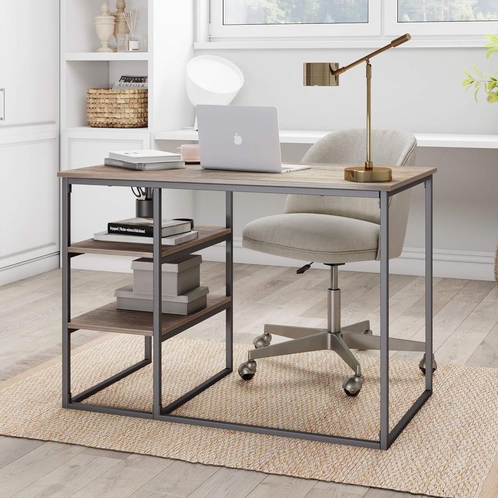 Industrial Small Home Office Desk with 2 Open Storage Shelves L479