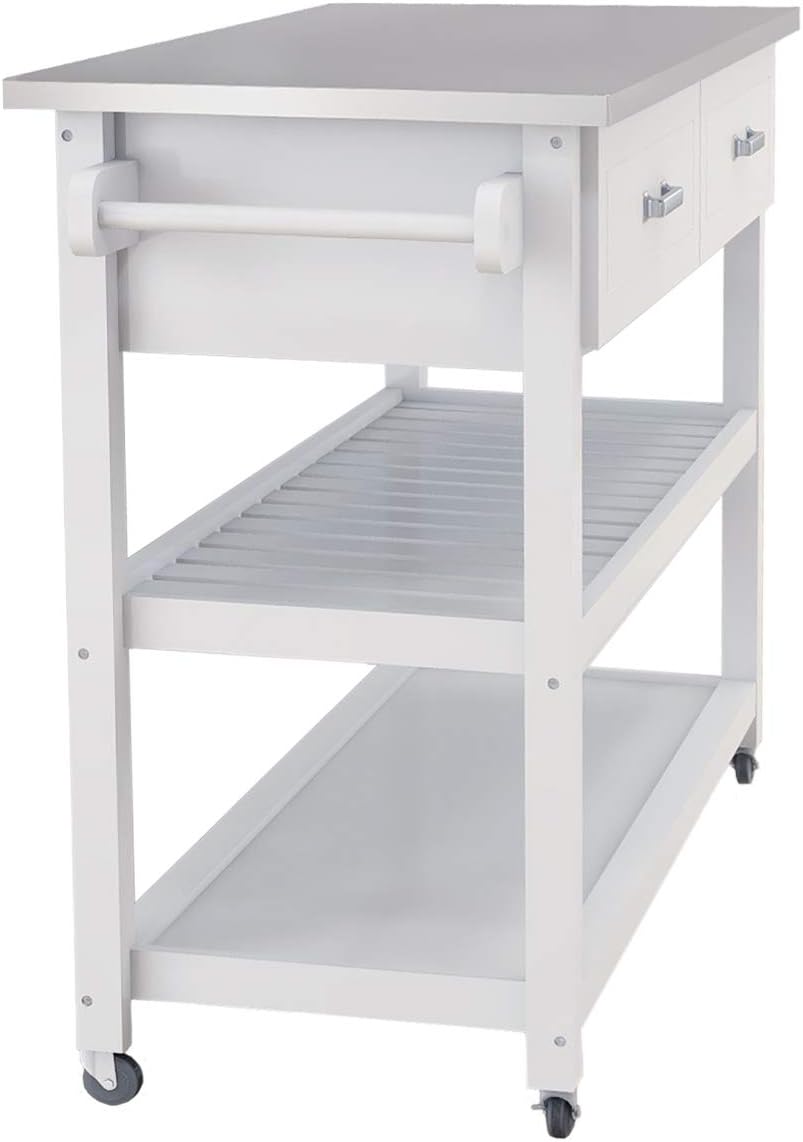 White Kitchen Cart with Stainless Steel Top T6113